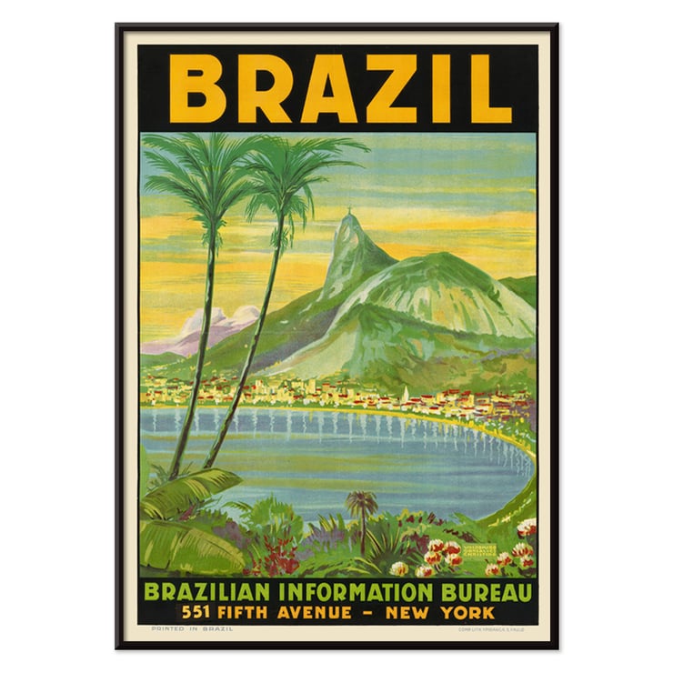 Scenic Brazilian landscape with Sugarloaf Mountain by Waldomiro Goncalves Christino titled Brazil 1. Vintage travel poster art for Brazil featuring Sugarloaf Mountain and palm trees Brazil 1 by Waldomiro Goncalves Christino