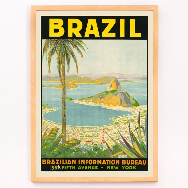Colorful vintage travel poster featuring a scenic view of Brazil by Waldomiro Goncalves Christino titled Brazil 2. Poster showcasing a scenic view of Brazil with mountains and bay from Brazil 2 by Waldomiro Goncalves Christino.
