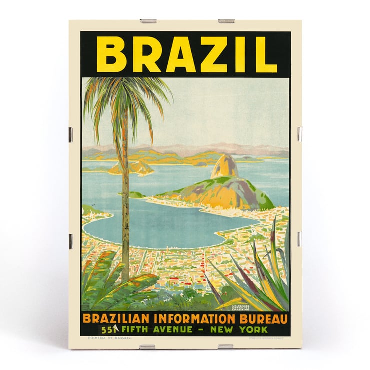 Colorful vintage travel poster featuring a scenic view of Brazil by Waldomiro Goncalves Christino titled Brazil 2. Poster showcasing a scenic view of Brazil with mountains and bay from Brazil 2 by Waldomiro Goncalves Christino.