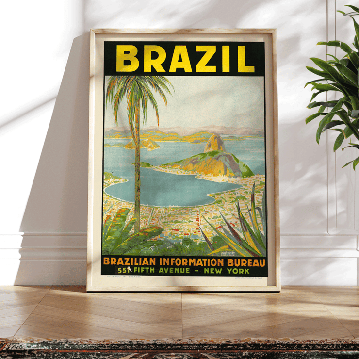 Colorful vintage travel poster featuring a scenic view of Brazil by Waldomiro Goncalves Christino titled Brazil 2. Poster showcasing a scenic view of Brazil with mountains and bay from Brazil 2 by Waldomiro Goncalves Christino.
