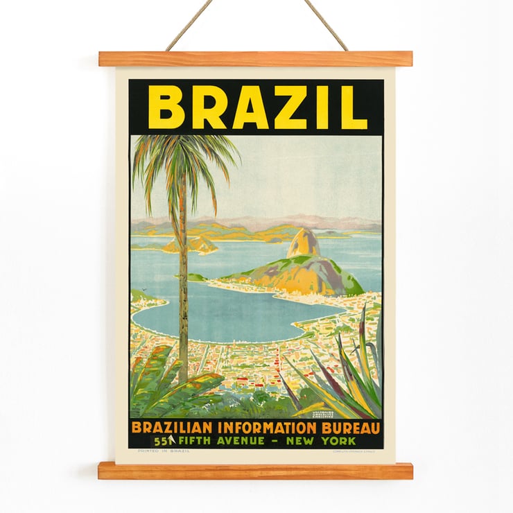 Colorful vintage travel poster featuring a scenic view of Brazil by Waldomiro Goncalves Christino titled Brazil 2. Poster showcasing a scenic view of Brazil with mountains and bay from Brazil 2 by Waldomiro Goncalves Christino.