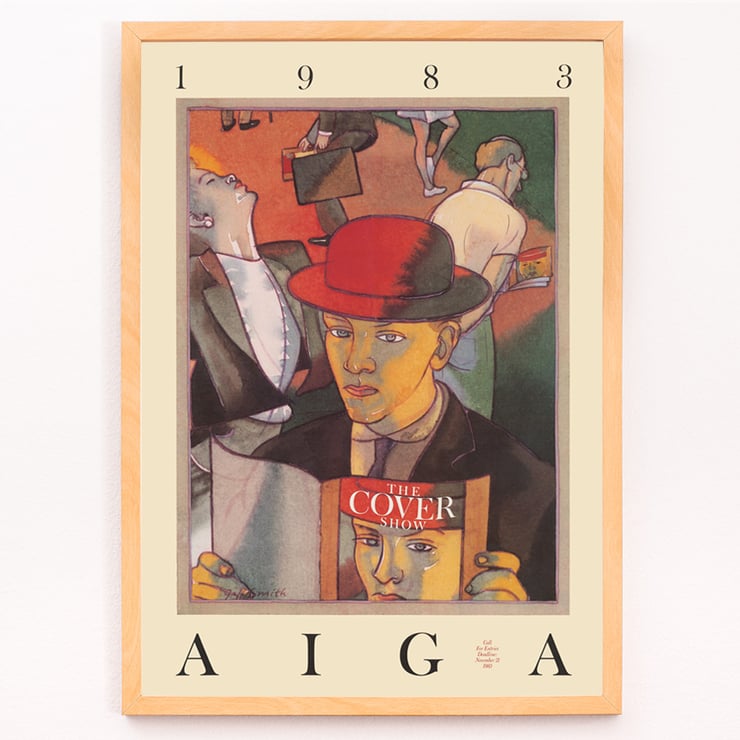 Colorful illustration featuring a person in a red hat holding a magazine by Jeff Smith titled The cover show. Poster featuring illustration by Jeff Smith titled The Cover Show with a person in a red hat holding a magazine.