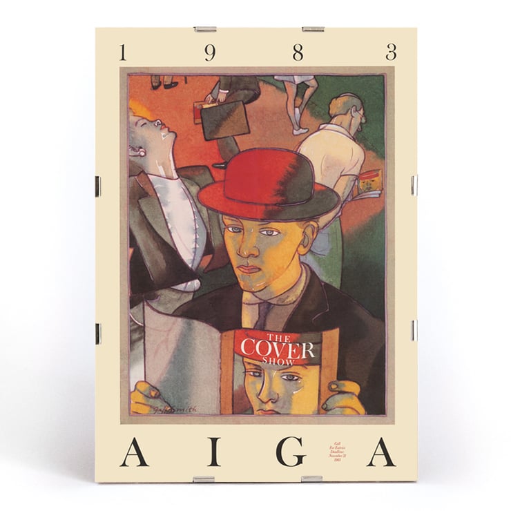 Colorful illustration featuring a person in a red hat holding a magazine by Jeff Smith titled The cover show. Poster featuring illustration by Jeff Smith titled The Cover Show with a person in a red hat holding a magazine.