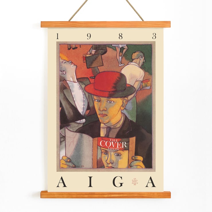 Colorful illustration featuring a person in a red hat holding a magazine by Jeff Smith titled The cover show. Poster featuring illustration by Jeff Smith titled The Cover Show with a person in a red hat holding a magazine.