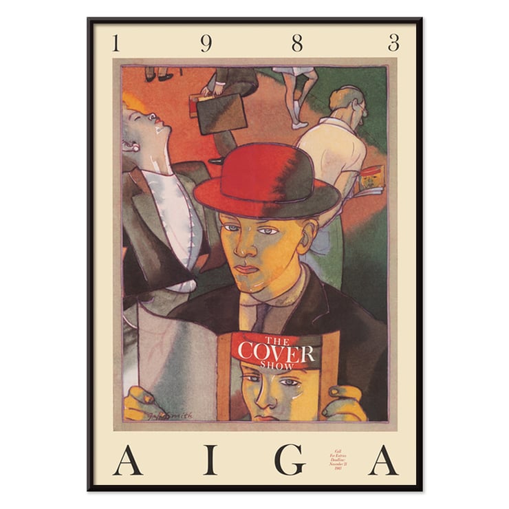 Colorful illustration featuring a person in a red hat holding a magazine by Jeff Smith titled The cover show. Poster featuring illustration by Jeff Smith titled The Cover Show with a person in a red hat holding a magazine.