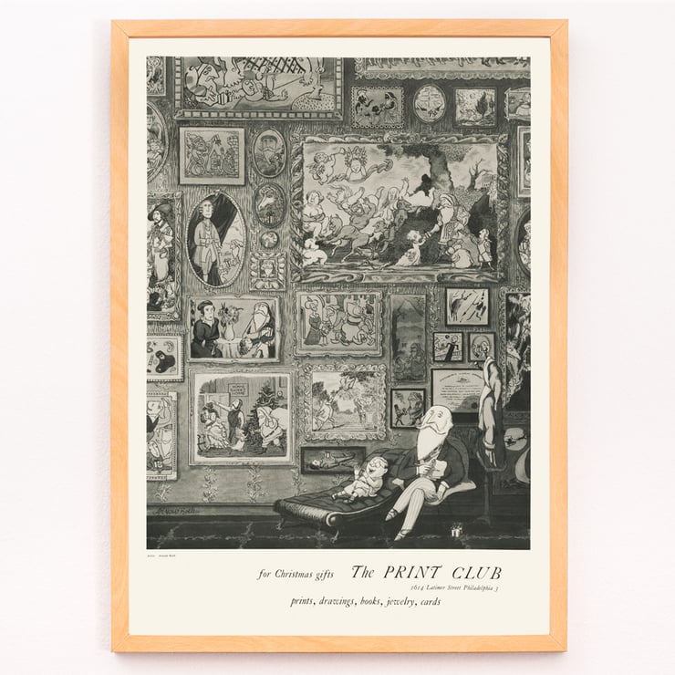 The Print Club by Arnold Roston features a gallery wall filled with artwork illustrations. Poster featuring The print club by Arnold Roston depicting various framed artworks and a seated figure in monochrome style.