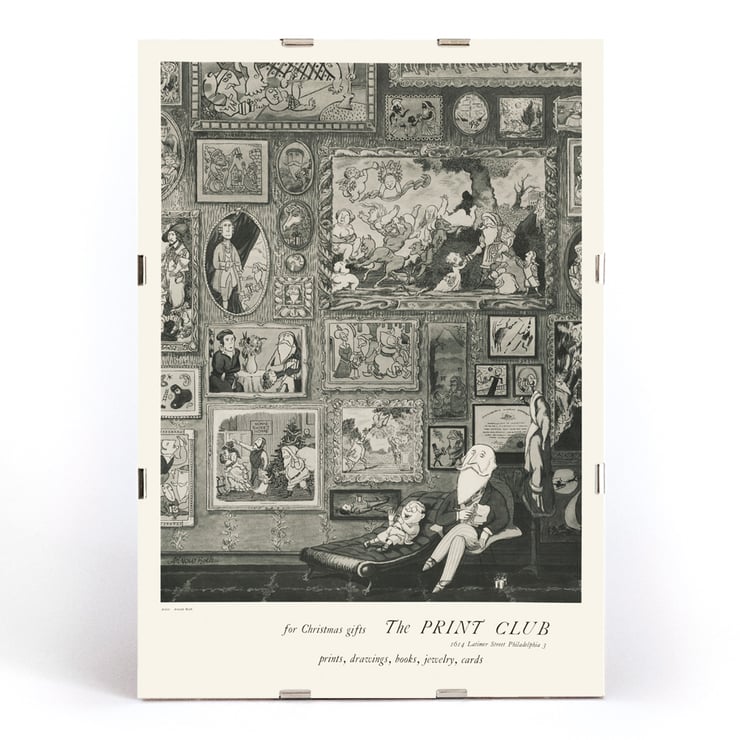 The Print Club by Arnold Roston features a gallery wall filled with artwork illustrations. Poster featuring The print club by Arnold Roston depicting various framed artworks and a seated figure in monochrome style.