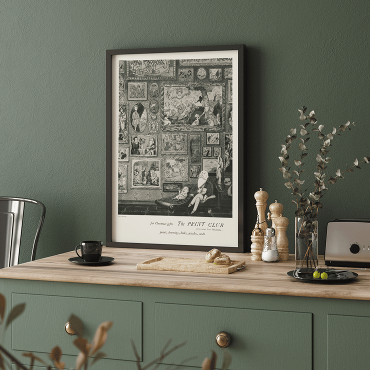 The Print Club by Arnold Roston features a gallery wall filled with artwork illustrations. Poster featuring The print club by Arnold Roston depicting various framed artworks and a seated figure in monochrome style.