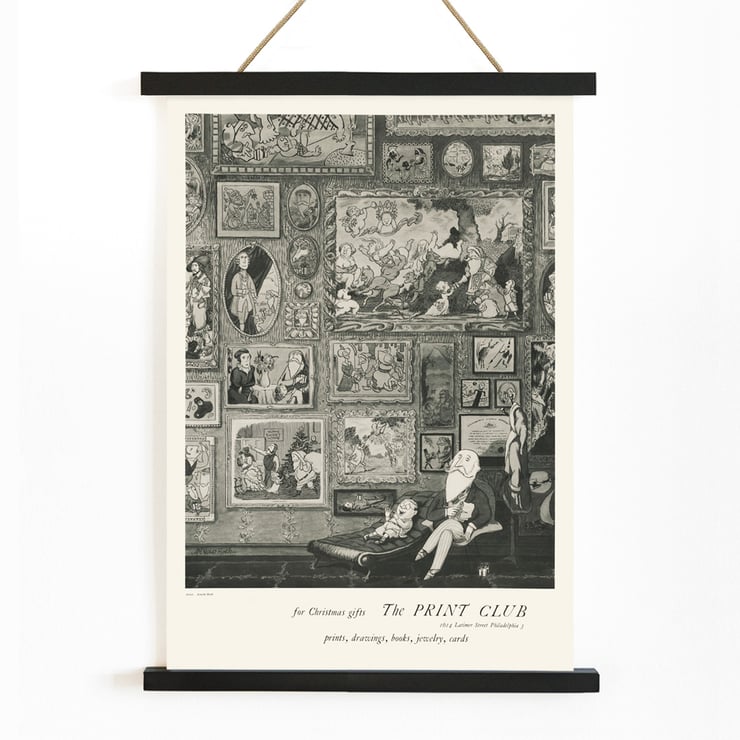 The Print Club by Arnold Roston features a gallery wall filled with artwork illustrations. Poster featuring The print club by Arnold Roston depicting various framed artworks and a seated figure in monochrome style.