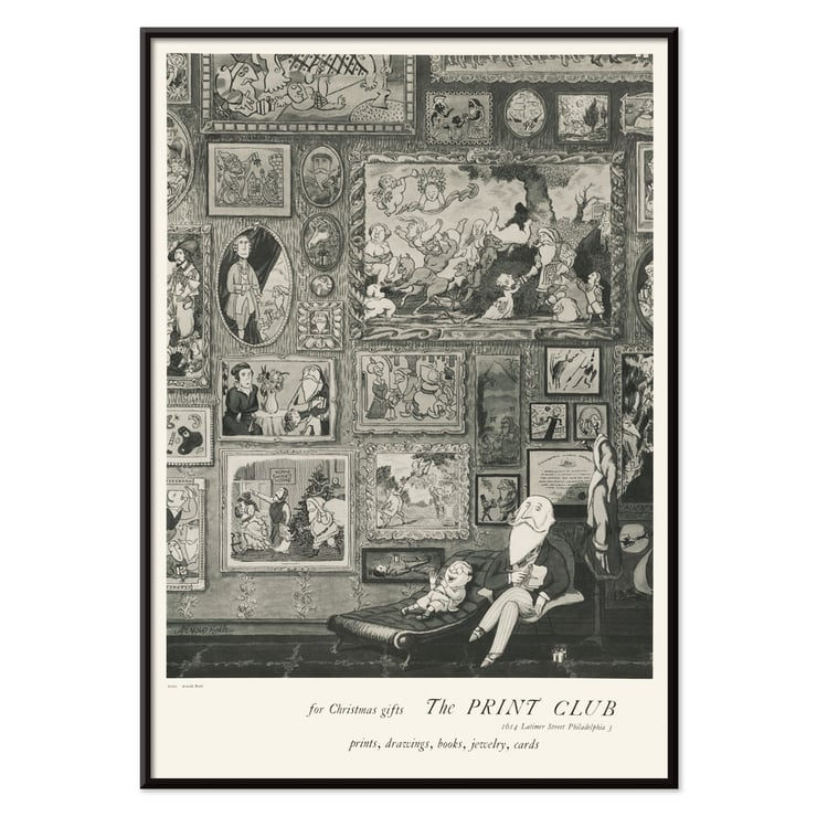 The Print Club by Arnold Roston features a gallery wall filled with artwork illustrations. Poster featuring The print club by Arnold Roston depicting various framed artworks and a seated figure in monochrome style.