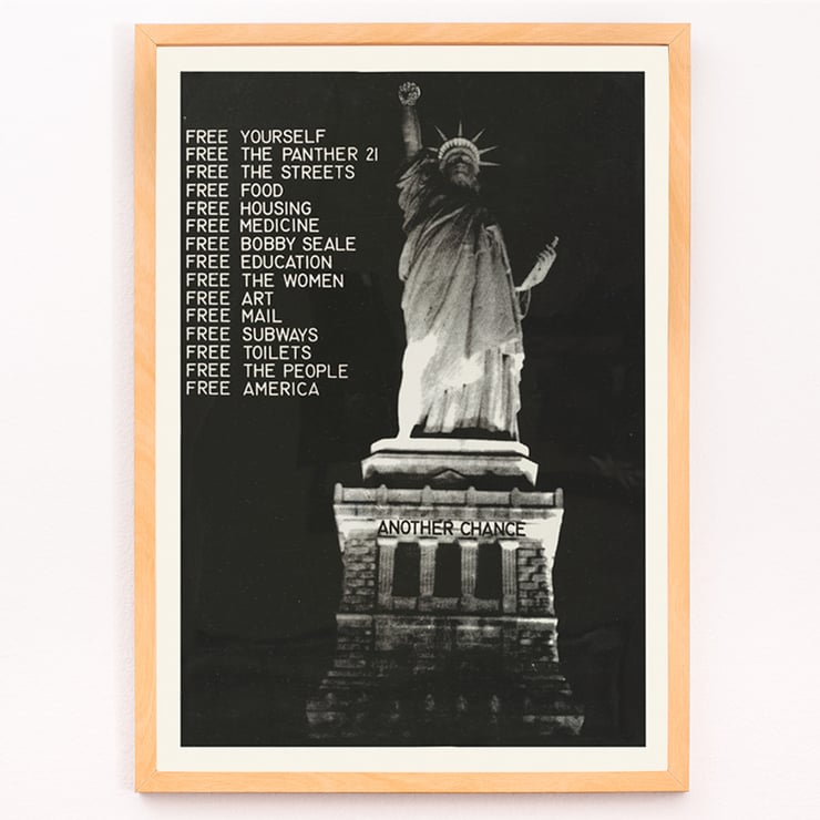 Black and white artwork with Statue of Liberty and message Free the Panther by artist Black and white poster of the Statue of Liberty with text Free the Panther by Anonymous displaying social messages