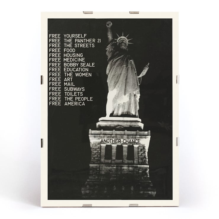 Black and white artwork with Statue of Liberty and message Free the Panther by artist Black and white poster of the Statue of Liberty with text Free the Panther by Anonymous displaying social messages