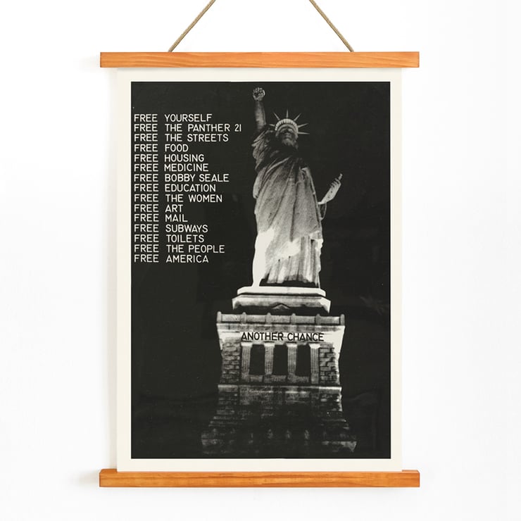 Black and white artwork with Statue of Liberty and message Free the Panther by artist Black and white poster of the Statue of Liberty with text Free the Panther by Anonymous displaying social messages