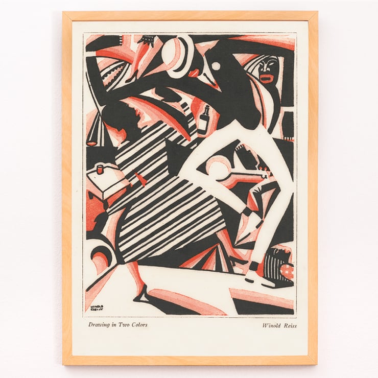 Dynamic abstract illustration featuring dance movement by Winold Reiss from Drawing in Two Colors. Art Deco poster featuring an abstract design with dynamic figures in black and red titled Drawing in two colors by Winold Reiss