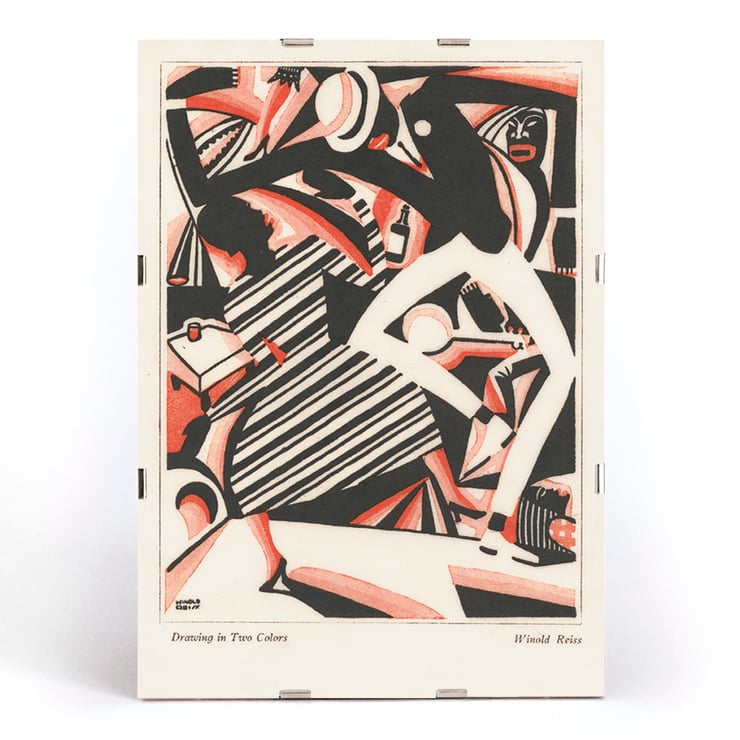 Dynamic abstract illustration featuring dance movement by Winold Reiss from Drawing in Two Colors. Art Deco poster featuring an abstract design with dynamic figures in black and red titled Drawing in two colors by Winold Reiss