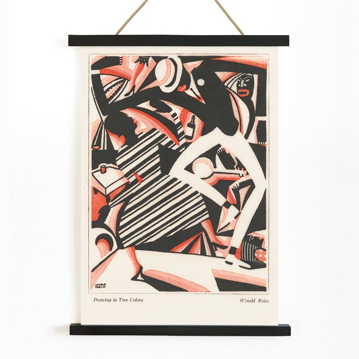 Dynamic abstract illustration featuring dance movement by Winold Reiss from Drawing in Two Colors. Art Deco poster featuring an abstract design with dynamic figures in black and red titled Drawing in two colors by Winold Reiss