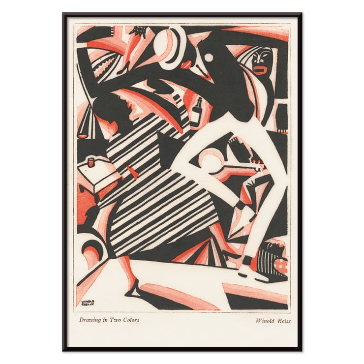 Dynamic abstract illustration featuring dance movement by Winold Reiss from Drawing in Two Colors. Art Deco poster featuring an abstract design with dynamic figures in black and red titled Drawing in two colors by Winold Reiss