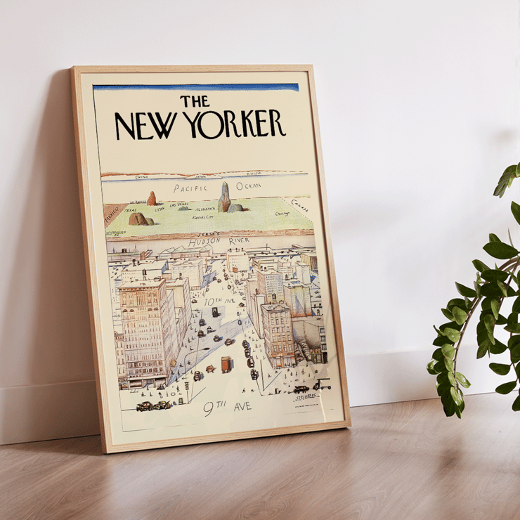 Le New Yorker de Saul Steinberg dépeint une vue fantaisiste d'un paysage urbain. Œuvre d'art Poster montrant un paysage urbain stylisé avec la 9e et la 10e avenue par Saul Steinberg intitulée The New Yorker