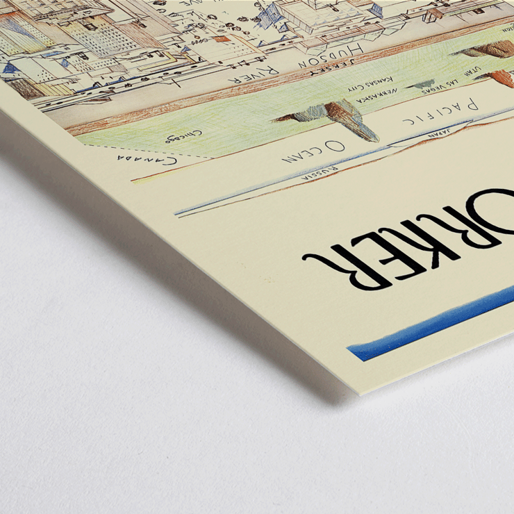 Le New Yorker de Saul Steinberg dépeint une vue fantaisiste d'un paysage urbain. Œuvre d'art Poster montrant un paysage urbain stylisé avec la 9e et la 10e avenue par Saul Steinberg intitulée The New Yorker