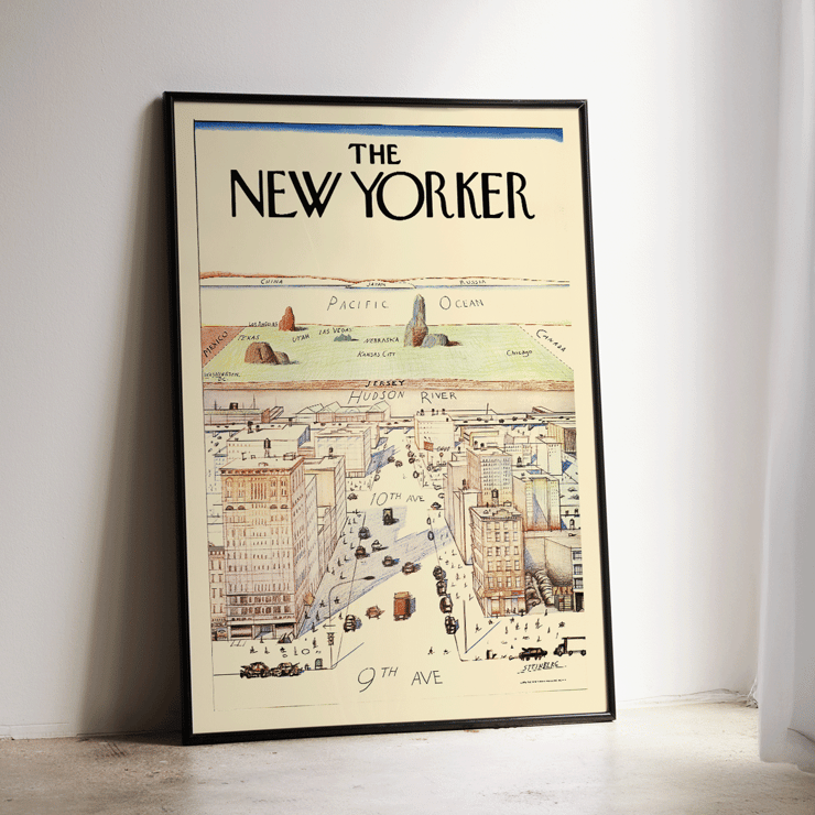 Le New Yorker de Saul Steinberg dépeint une vue fantaisiste d'un paysage urbain. Œuvre d'art Poster montrant un paysage urbain stylisé avec la 9e et la 10e avenue par Saul Steinberg intitulée The New Yorker