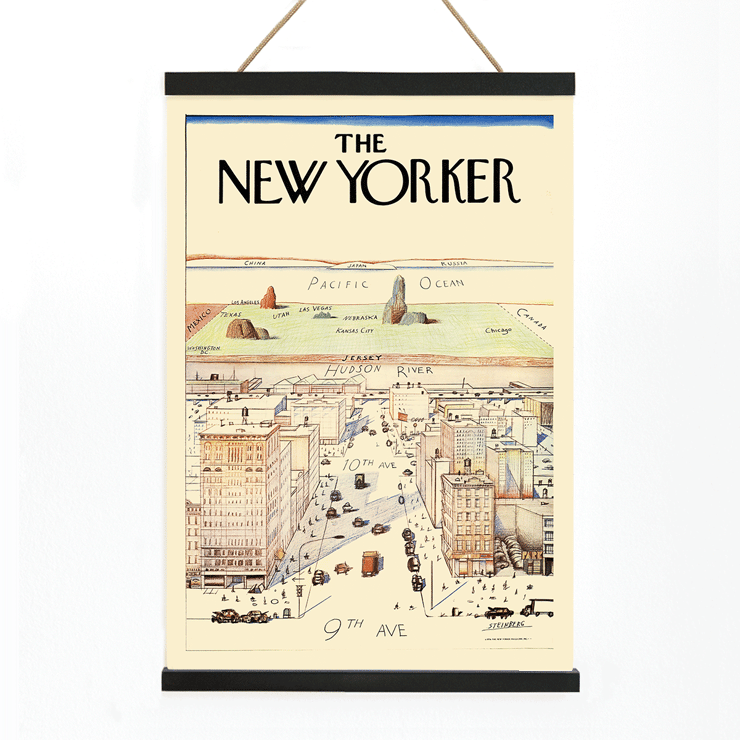 Le New Yorker de Saul Steinberg dépeint une vue fantaisiste d'un paysage urbain. Œuvre d'art Poster montrant un paysage urbain stylisé avec la 9e et la 10e avenue par Saul Steinberg intitulée The New Yorker