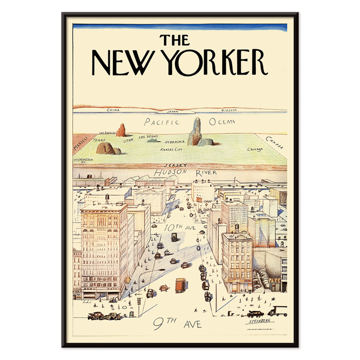 Le New Yorker de Saul Steinberg dépeint une vue fantaisiste d'un paysage urbain. Œuvre d'art Poster montrant un paysage urbain stylisé avec la 9e et la 10e avenue par Saul Steinberg intitulée The New Yorker