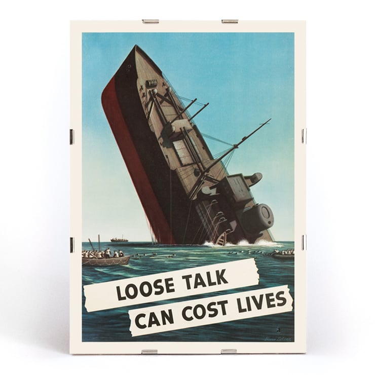 Loose Talk Can Cost Lives artwork by Stevan Dohanos featuring a sinking ship with sailors in lifeboats. Poster by Stevan Dohanos depicting a sinking ship with lifeboats and the message Loose Talk Can Cost Lives