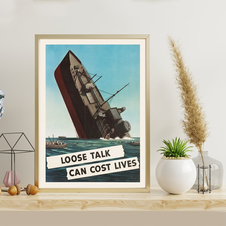 Loose Talk Can Cost Lives artwork by Stevan Dohanos featuring a sinking ship with sailors in lifeboats. Poster by Stevan Dohanos depicting a sinking ship with lifeboats and the message Loose Talk Can Cost Lives