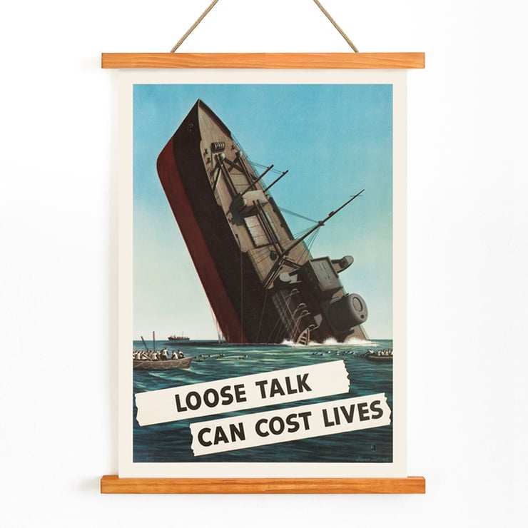 Loose Talk Can Cost Lives artwork by Stevan Dohanos featuring a sinking ship with sailors in lifeboats. Poster by Stevan Dohanos depicting a sinking ship with lifeboats and the message Loose Talk Can Cost Lives