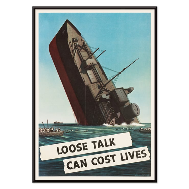 Loose Talk Can Cost Lives artwork by Stevan Dohanos featuring a sinking ship with sailors in lifeboats. Poster by Stevan Dohanos depicting a sinking ship with lifeboats and the message Loose Talk Can Cost Lives