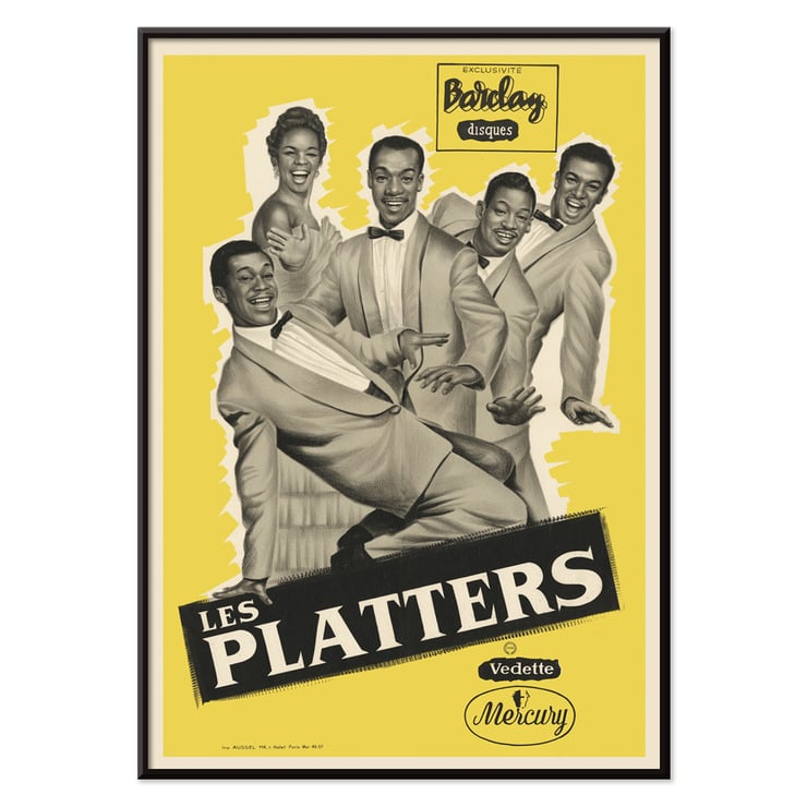 Das Vintage-Musikposter von The Platters, Kunstwerk von Les Platters. Poster mit The Platters und dem Artwork-Titel „The Platters“ tanzend und lächelnd vor einem gelben Hintergrund für Barclay Disques.