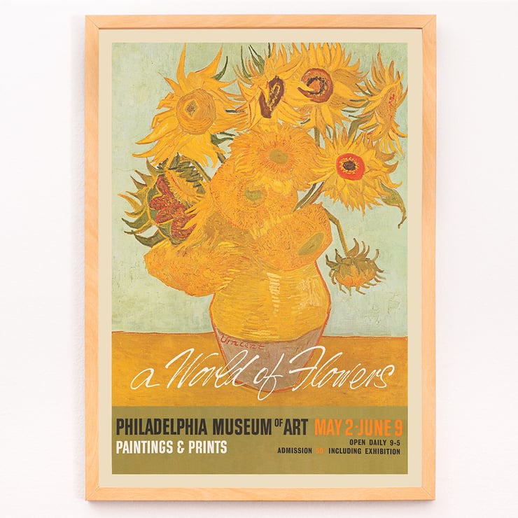Painting A World of Flowers features a vibrant bouquet Poster for an art exhibition featuring a vase of sunflowers with the title A World of Flowers at the Philadelphia Museum of Art.
