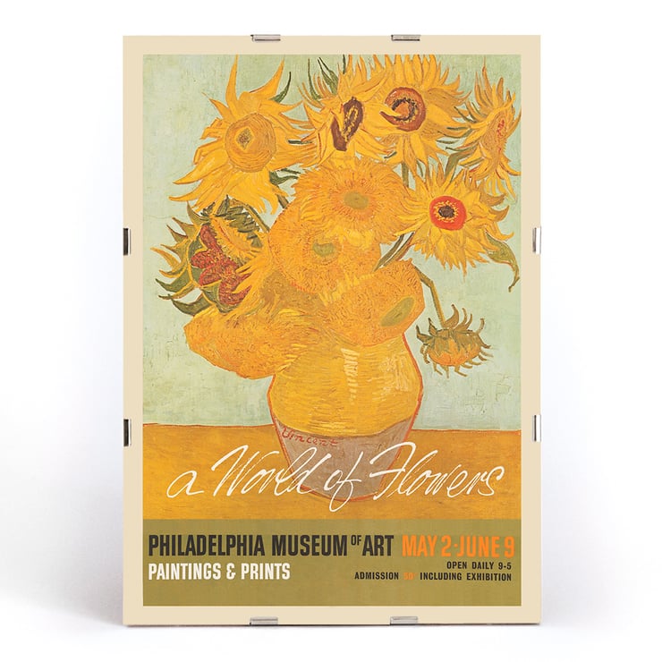 Painting A World of Flowers features a vibrant bouquet Poster for an art exhibition featuring a vase of sunflowers with the title A World of Flowers at the Philadelphia Museum of Art.