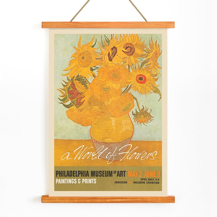 Painting A World of Flowers features a vibrant bouquet Poster for an art exhibition featuring a vase of sunflowers with the title A World of Flowers at the Philadelphia Museum of Art.