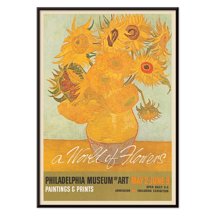 Painting A World of Flowers features a vibrant bouquet Poster for an art exhibition featuring a vase of sunflowers with the title A World of Flowers at the Philadelphia Museum of Art.