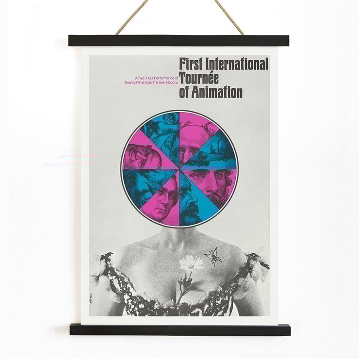 Poster featuring abstract faces and figure for First International Tournée of Animation by Paul Showalter Poster for the First International Tournée of Animation by Paul Showalter featuring colorful geometric graphic over a grayscale torso.