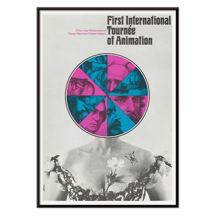 Poster featuring abstract faces and figure for First International Tournée of Animation by Paul Showalter Poster for the First International Tournée of Animation by Paul Showalter featuring colorful geometric graphic over a grayscale torso.