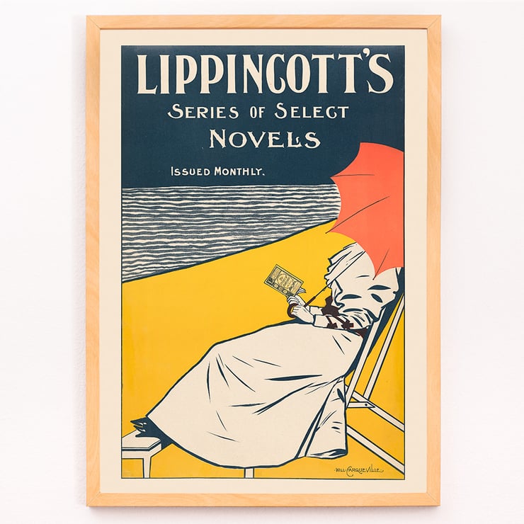 Woman reading under a red umbrella by the beach by William Carqueville for Lippincott’s Series of Select Novels Poster of Lippincott’s Series of Select Novels by William Carqueville featuring a person reading under an umbrella by the water.