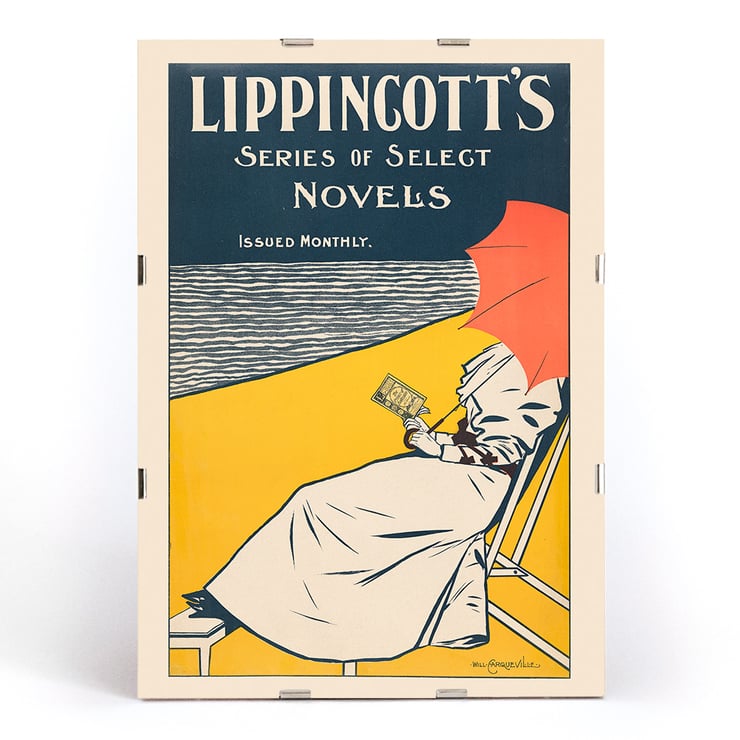 Woman reading under a red umbrella by the beach by William Carqueville for Lippincott’s Series of Select Novels Poster of Lippincott’s Series of Select Novels by William Carqueville featuring a person reading under an umbrella by the water.
