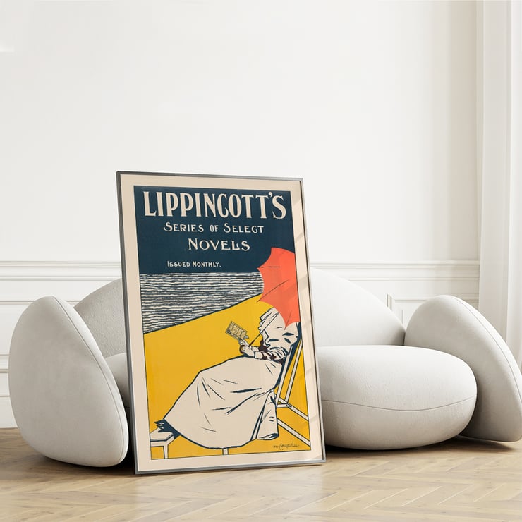 Woman reading under a red umbrella by the beach by William Carqueville for Lippincott’s Series of Select Novels Poster of Lippincott’s Series of Select Novels by William Carqueville featuring a person reading under an umbrella by the water.