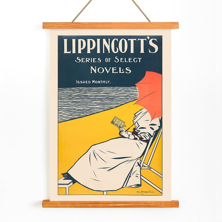 Woman reading under a red umbrella by the beach by William Carqueville for Lippincott’s Series of Select Novels Poster of Lippincott’s Series of Select Novels by William Carqueville featuring a person reading under an umbrella by the water.