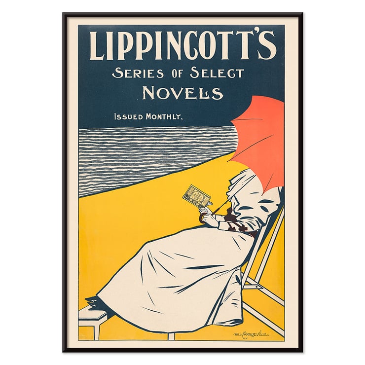 Woman reading under a red umbrella by the beach by William Carqueville for Lippincott’s Series of Select Novels Poster of Lippincott’s Series of Select Novels by William Carqueville featuring a person reading under an umbrella by the water.