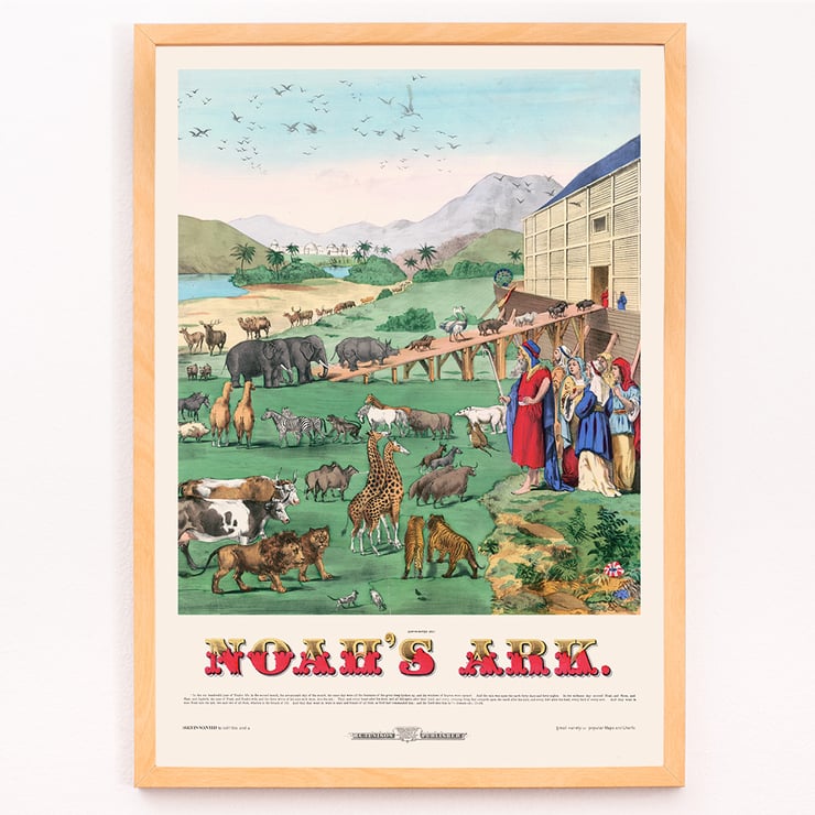 Illustration of animals boarding the ark in Noah’s Ark by H C Tunison Poster of Noah's Ark by H. C. Tunison depicting various animals boarding large wooden ark with mountains and palm trees in background.