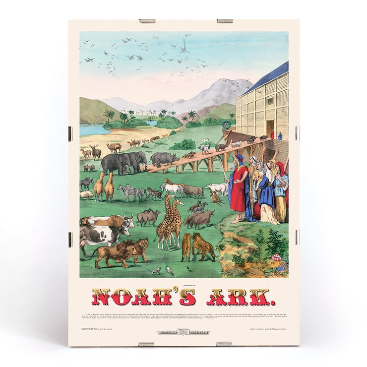 Illustration of animals boarding the ark in Noah’s Ark by H C Tunison Poster of Noah's Ark by H. C. Tunison depicting various animals boarding large wooden ark with mountains and palm trees in background.