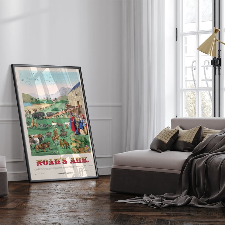 Illustration of animals boarding the ark in Noah’s Ark by H C Tunison Poster of Noah's Ark by H. C. Tunison depicting various animals boarding large wooden ark with mountains and palm trees in background.