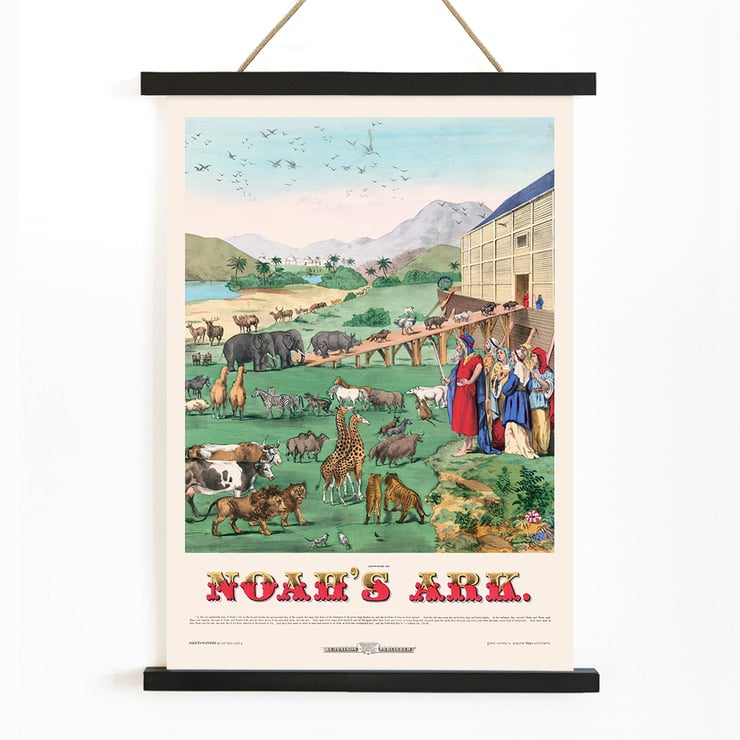 Illustration of animals boarding the ark in Noah’s Ark by H C Tunison Poster of Noah's Ark by H. C. Tunison depicting various animals boarding large wooden ark with mountains and palm trees in background.
