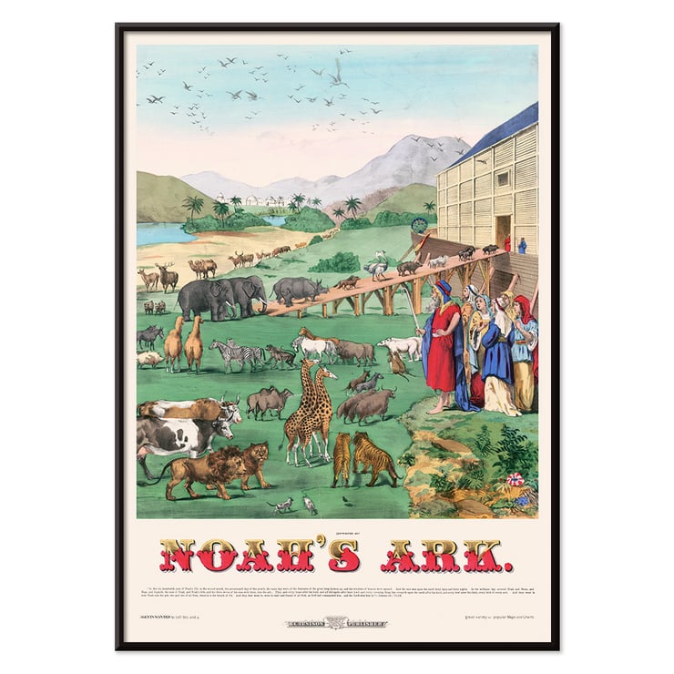 Illustration of animals boarding the ark in Noah’s Ark by H C Tunison Poster of Noah's Ark by H. C. Tunison depicting various animals boarding large wooden ark with mountains and palm trees in background.