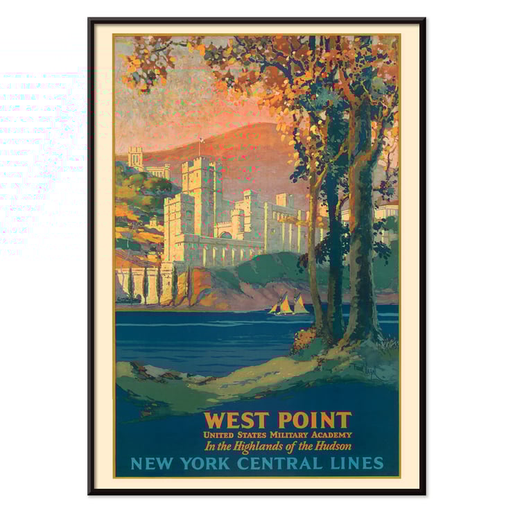 Painting of West Point United States Military Academy in the highlands of the Hudson by Frank Hazell. A colorful poster by Frank Hazell depicting West Point Military Academy by the Hudson River surrounded by trees and mountains.