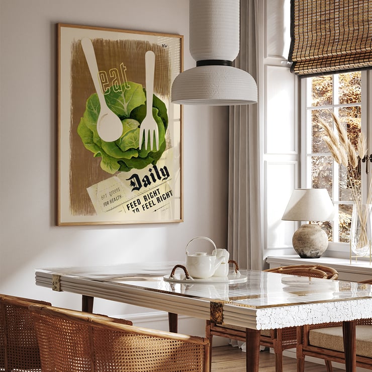 Artwork Eat Greens for Health – Feed Right to Feel Right by Hans Schleger showing a lettuce head with utensils overlay. Poster titled Eat Greens for Health – Feed Right to Feel Right by Hans Schleger featuring lettuce and utensils promoting healthy eating.