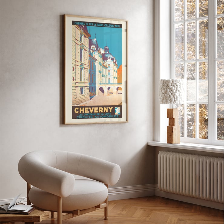 Poster art by Alex Garbell titled Cheverny Les Châteaux De La Loire Circuits Automobiles featuring a historic building with an archway and towers. Poster titled Cheverny Les Châteaux De La Loire Circuits Automobiles by artist Emile-Allain Séguy depicting a castle in vibrant colors.